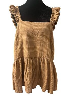Treasure & Bond Brown Striped Ruffle Tank Top L